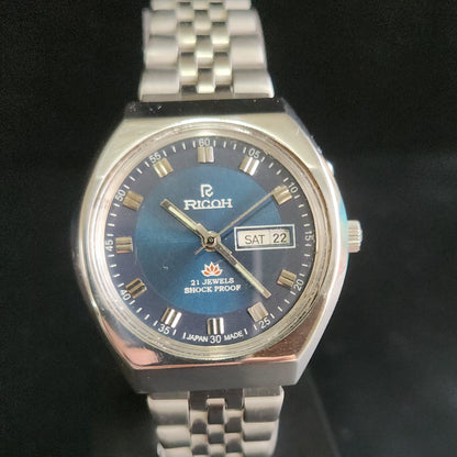 Vintage Ricoh R31 Blue Face Automatic 21 Jewels Jubliee Bracelet Men's Wrist Watch S148