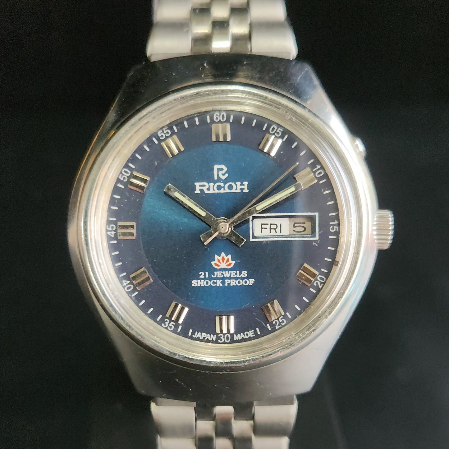 Vintage Ricoh R31 Blue Face Automatic 21 Jewels Jubliee Bracelet Men's Wrist Watch S149