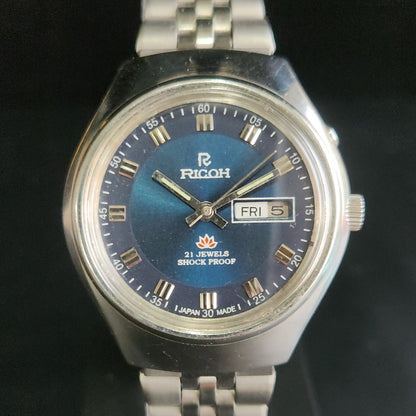 Vintage Ricoh R31 Blue Face Automatic 21 Jewels Jubliee Bracelet Men's Wrist Watch S149