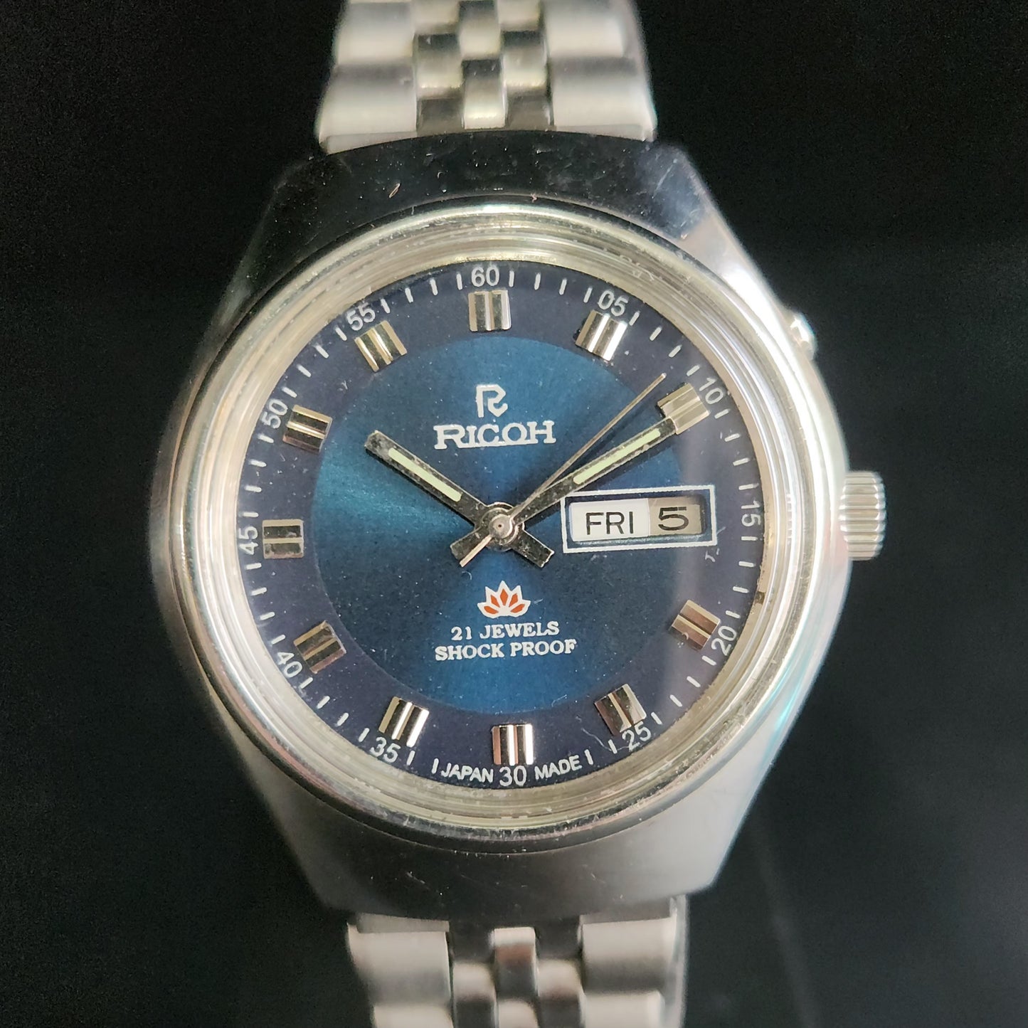 Vintage Ricoh R31 Blue Face Automatic 21 Jewels Jubliee Bracelet Men's Wrist Watch S149