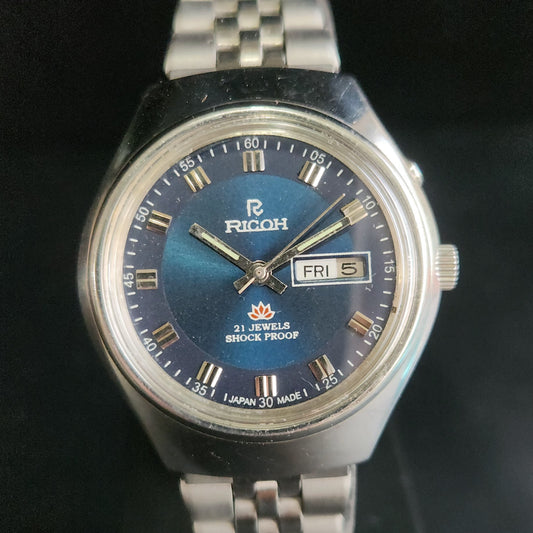 Vintage Ricoh R31 Blue Face Automatic 21 Jewels Jubliee Bracelet Men's Wrist Watch S149