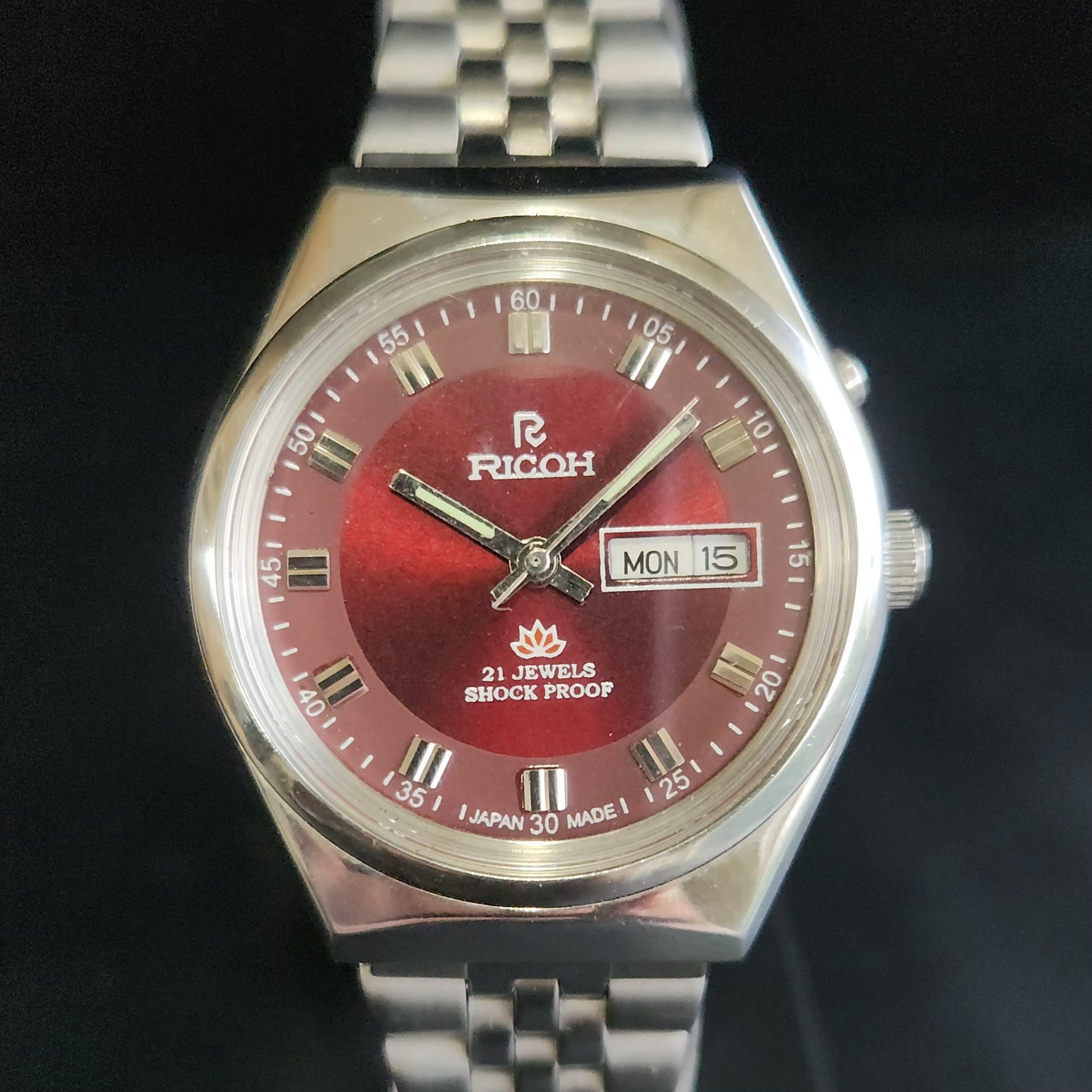Vintage Ricoh R31 Red Face Automatic 21 Jewels Jubliee Bracelet Men's Wrist Watch S150