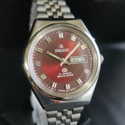Vintage Ricoh R31 Red Face Automatic 21 Jewels Jubliee Bracelet Men's Wrist Watch S150
