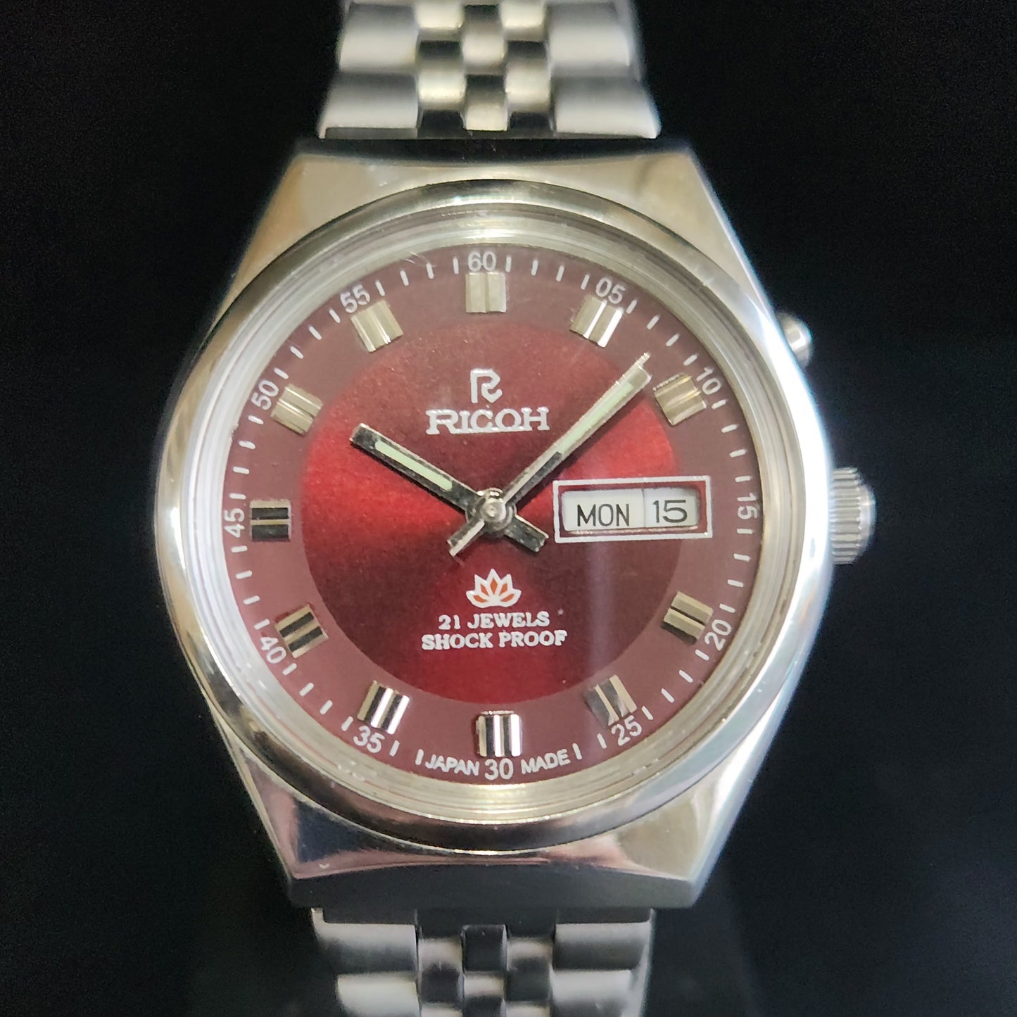 Vintage Ricoh R31 Red Face Automatic 21 Jewels Jubliee Bracelet Men's Wrist Watch S150