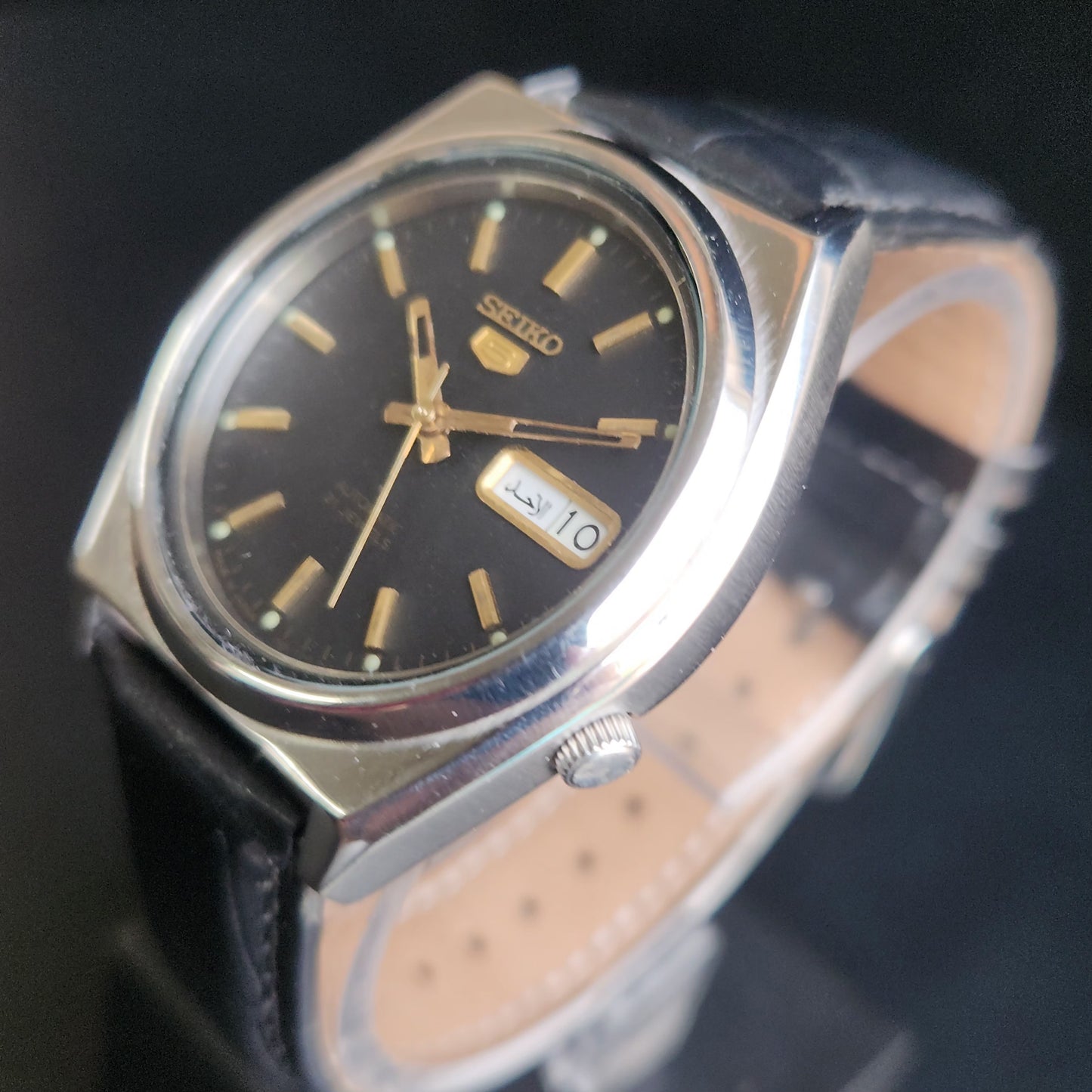 Vintage 2000 Original Seiko 5 Automatic 7S26-8760 Black Face Black Band 21 Jewels Day-Date Japanese Men's Wrist Watch S156