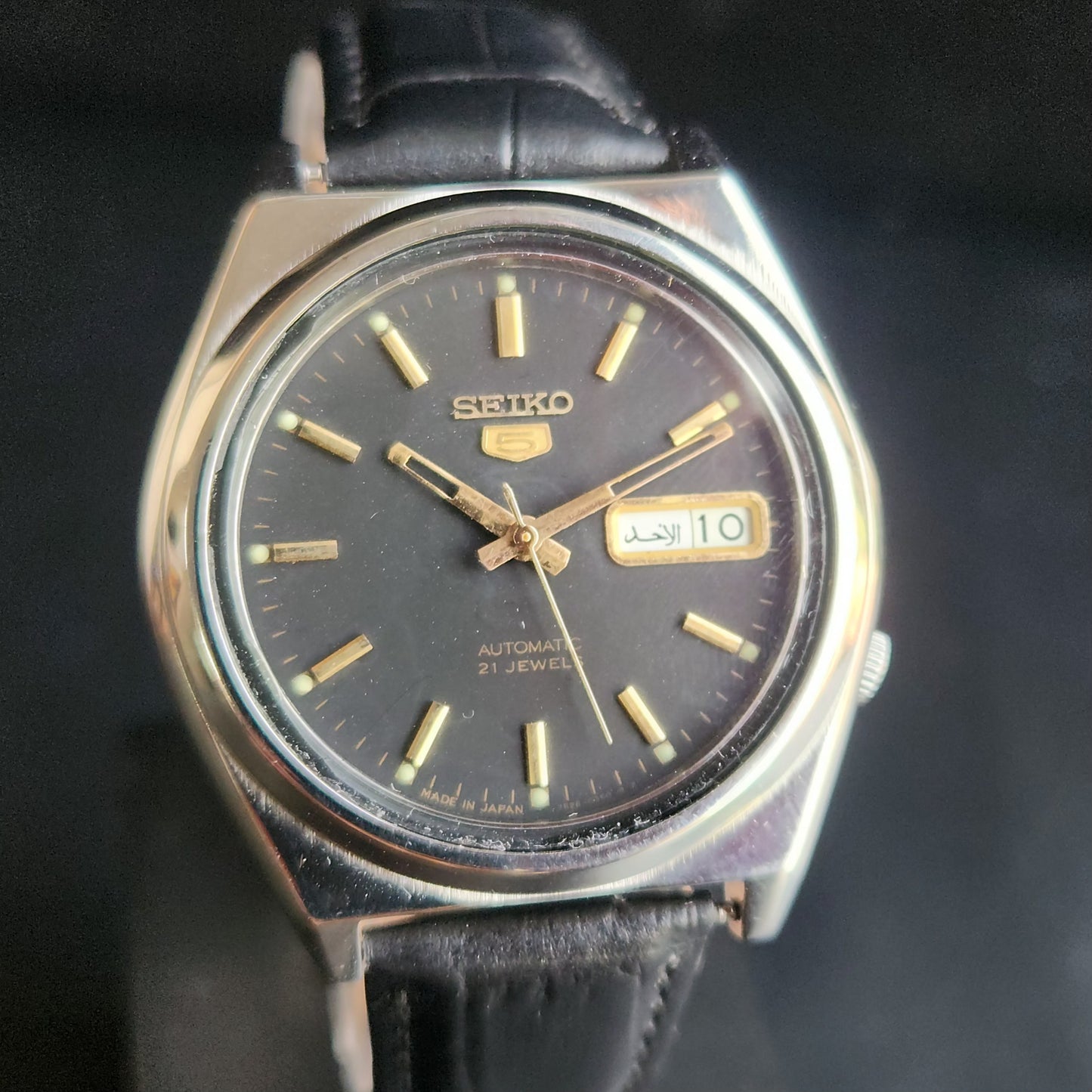 Vintage 2000 Original Seiko 5 Automatic 7S26-8760 Black Face Black Band 21 Jewels Day-Date Japanese Men's Wrist Watch S156