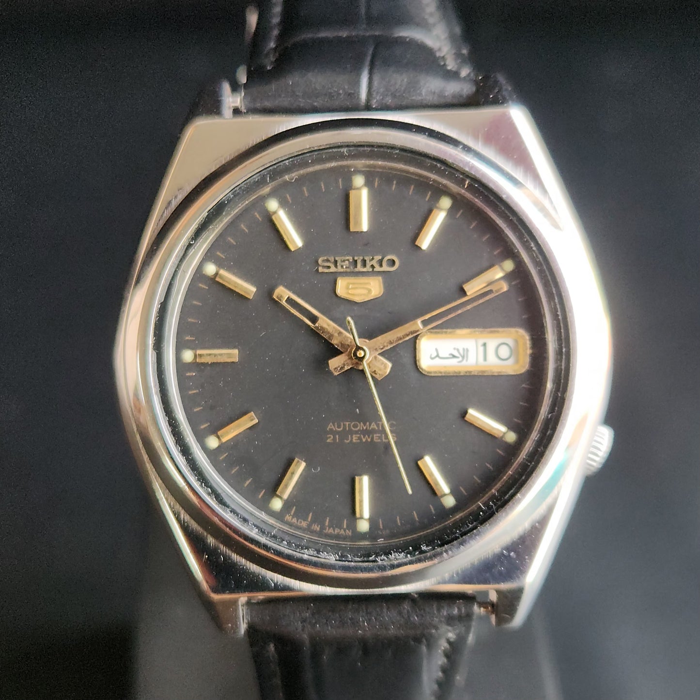 Vintage 2000 Original Seiko 5 Automatic 7S26-8760 Black Face Black Band 21 Jewels Day-Date Japanese Men's Wrist Watch S156