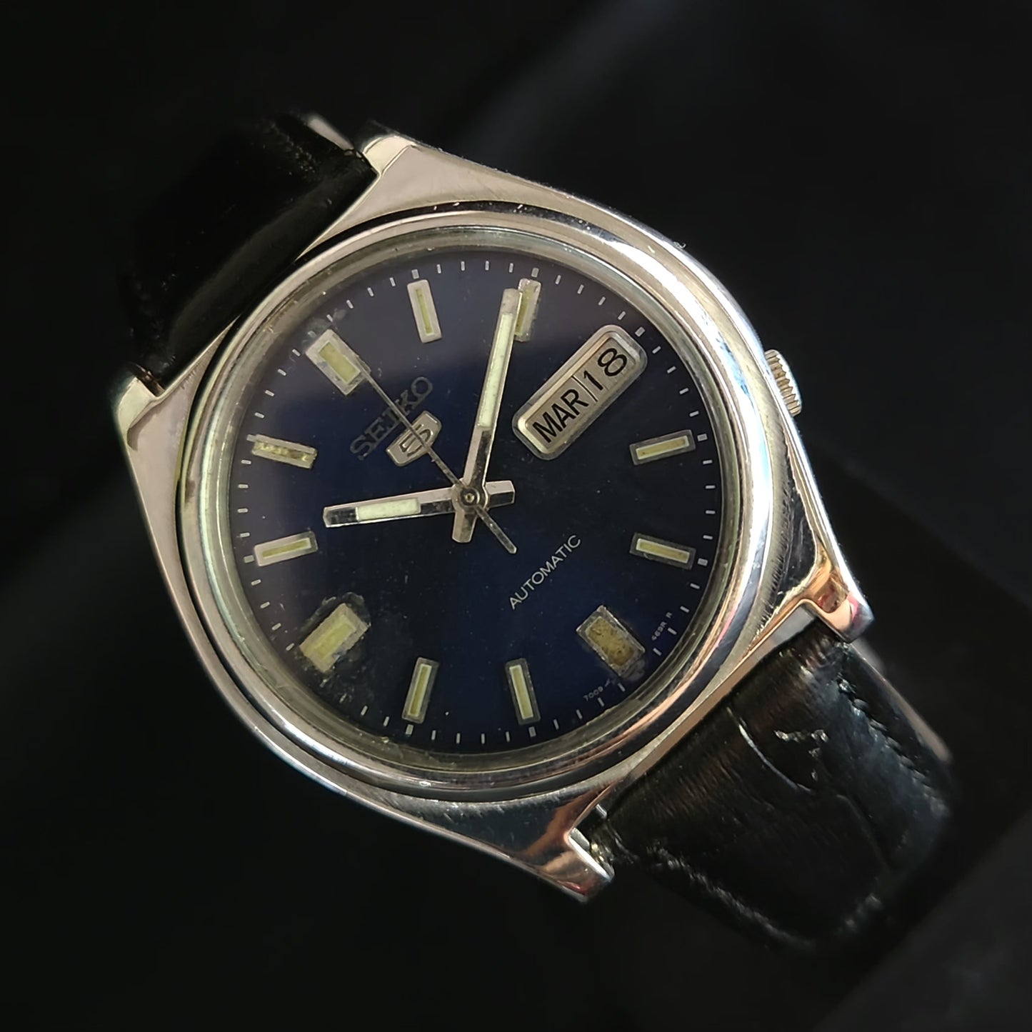 Vintage 1980 Original Seiko 5 Automatic 7009-3160 blue Face 17 Jewels Day-Date Japanese Men's Wrist Watch OG7