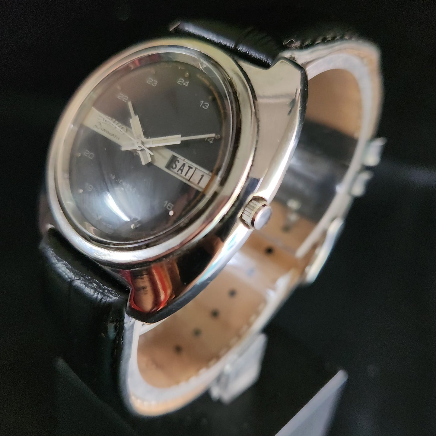 Vintage 1980 Original Seiko 5 Automatic 7006-7090 black face 19 Jewels Day-Date Japanese Men's Wrist Watch OG12
