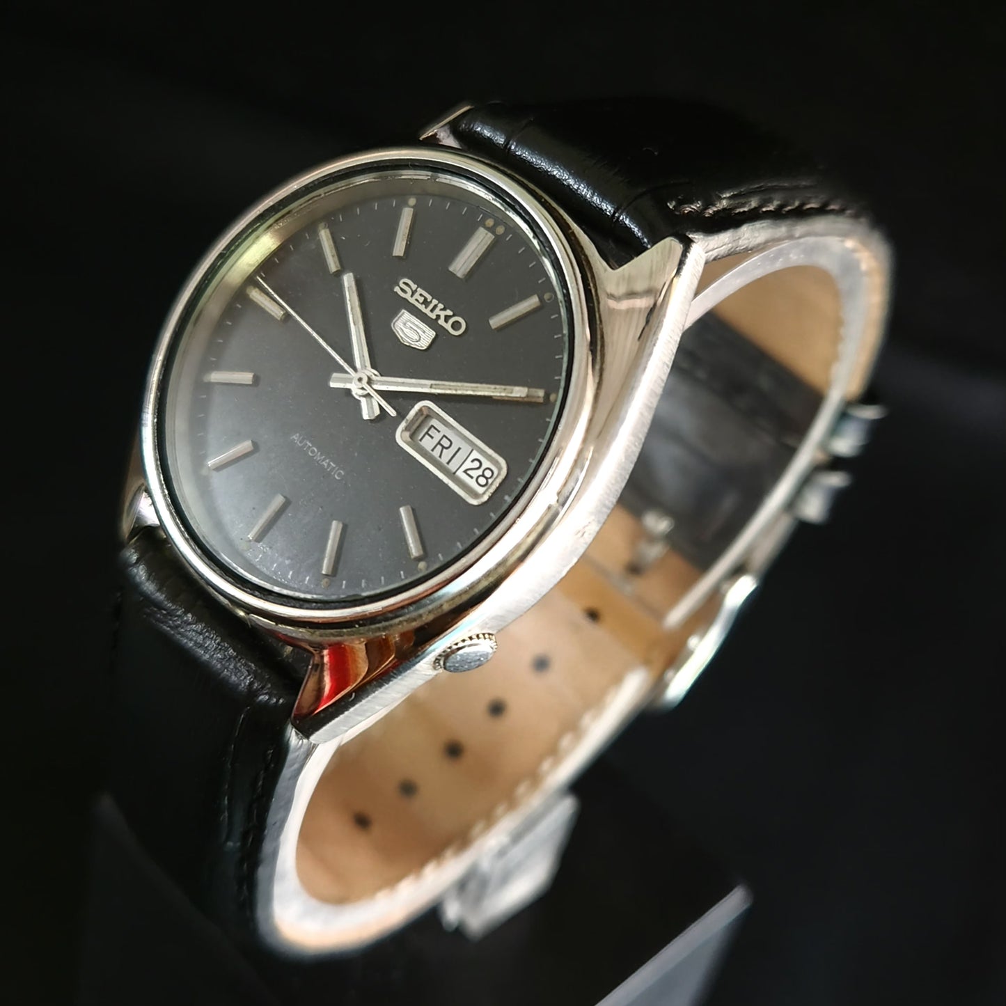 Vintage 1980 Original Seiko 5 Automatic 6349-8010 black face 21 Jewels Day-Date Japanese Men's Wrist Watch OG15