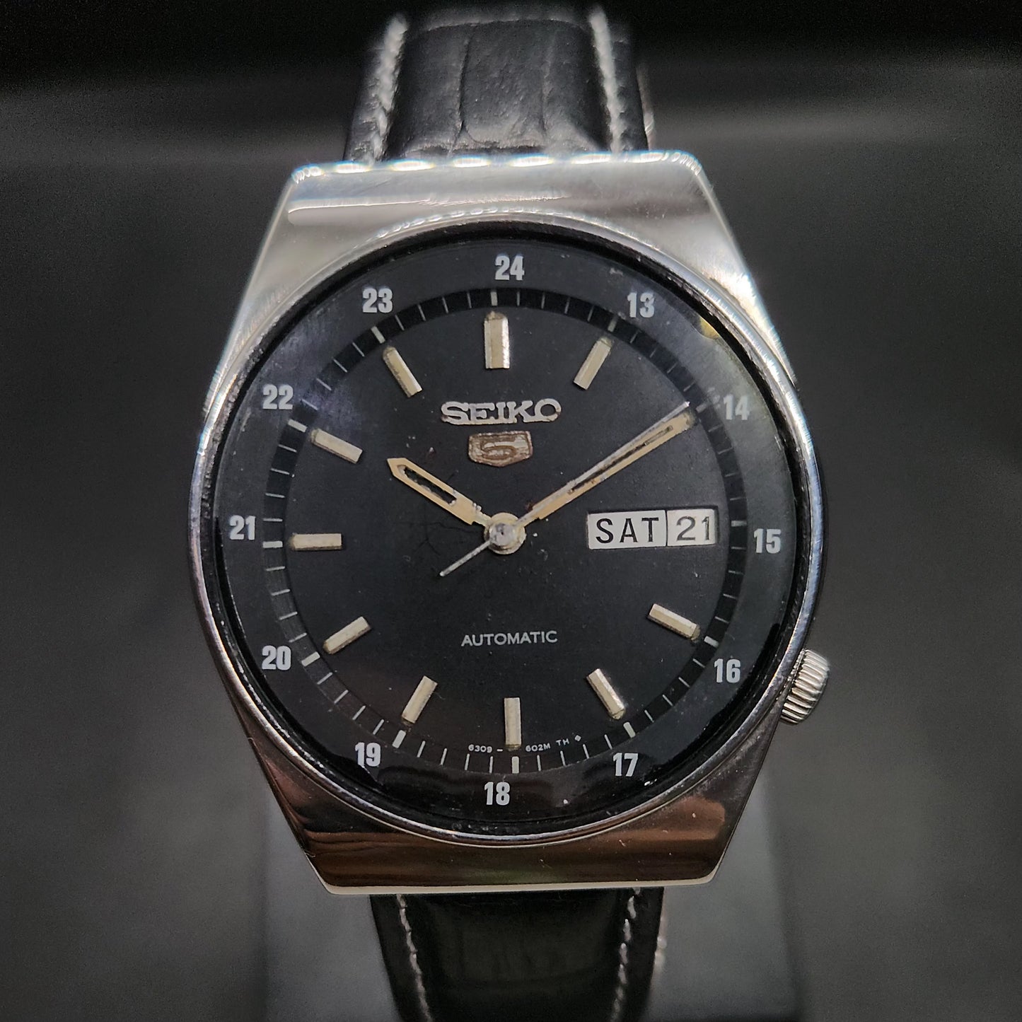 Vintage 1980 Original Seiko 5 Automatic 6309-6020 black face 17 Jewels Day-Date Japanese Men's Wrist Watch OG29