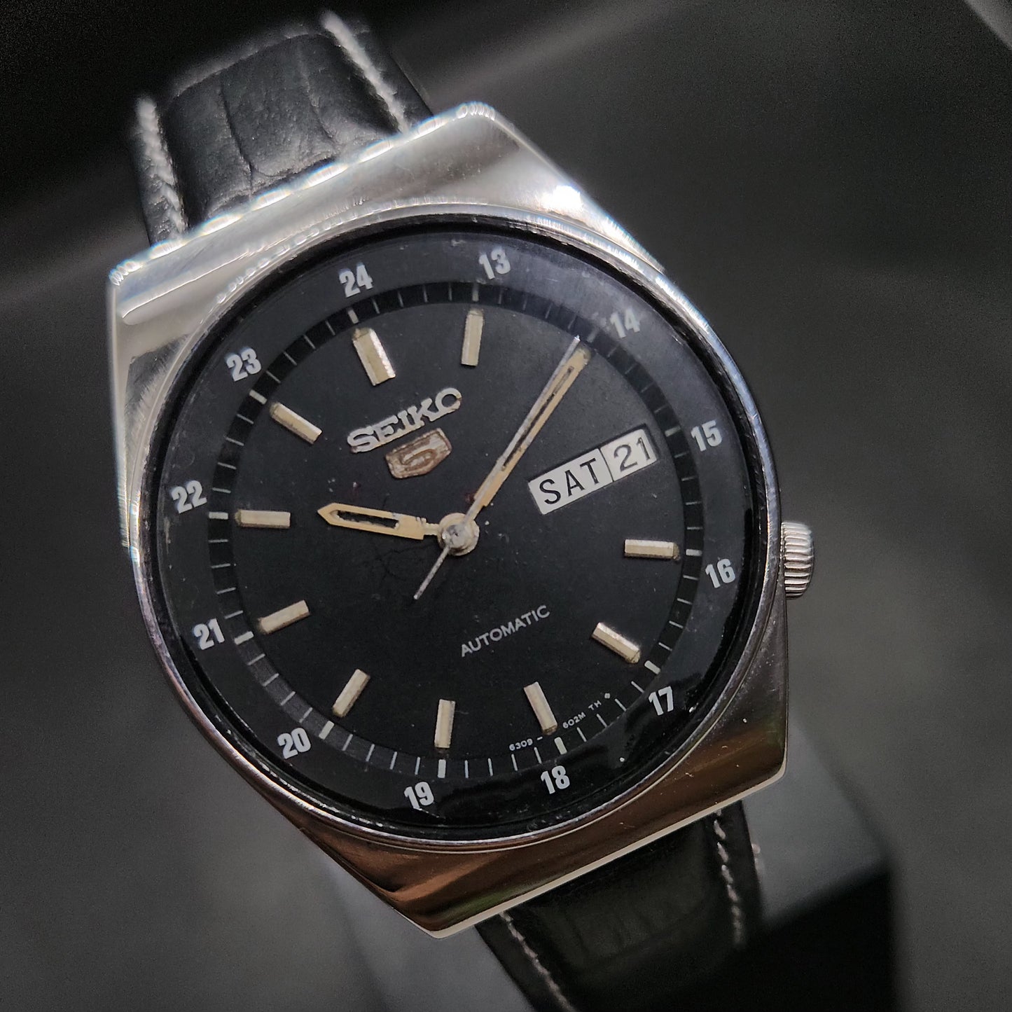 Vintage 1980 Original Seiko 5 Automatic 6309-6020 black face 17 Jewels Day-Date Japanese Men's Wrist Watch OG29