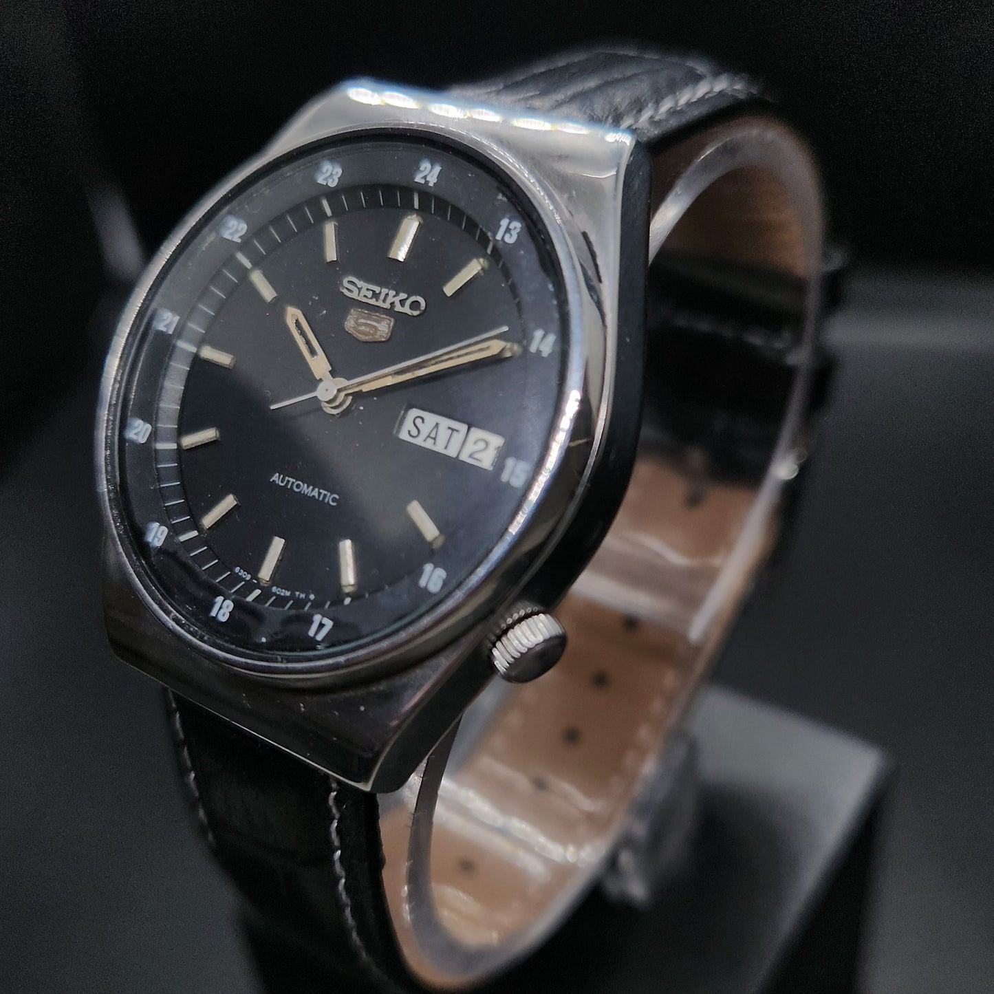 Vintage 1980 Original Seiko 5 Automatic 6309-6020 black face 17 Jewels Day-Date Japanese Men's Wrist Watch OG29