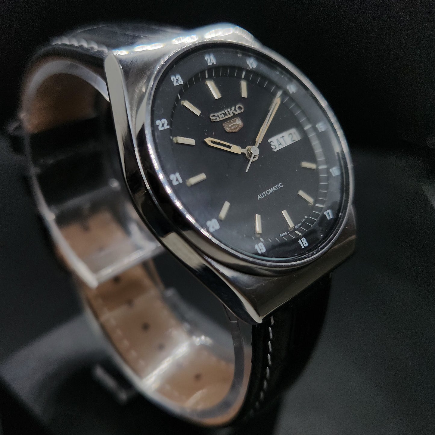 Vintage 1980 Original Seiko 5 Automatic 6309-6020 black face 17 Jewels Day-Date Japanese Men's Wrist Watch OG29