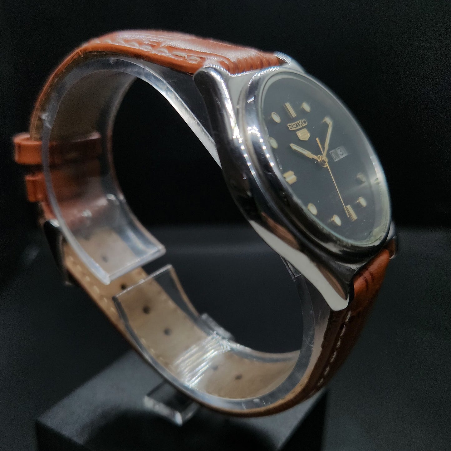 Vintage 1980 Original Seiko 5 Automatic 7019-8180 black face 21 Jewels Day-Date Japanese Men's Wrist Watch OG34