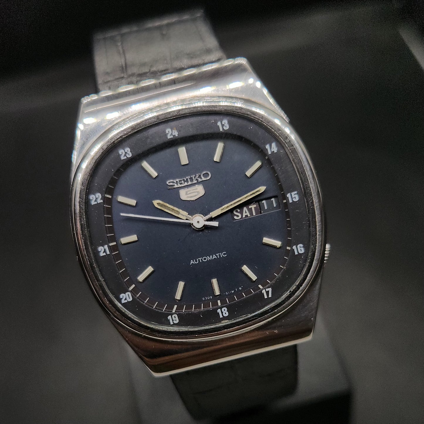 Vintage 1980 Original Seiko 5 Automatic 6319-5190 Blue face 21 Jewels Day-Date Japanese Men's Wrist Watch OG36