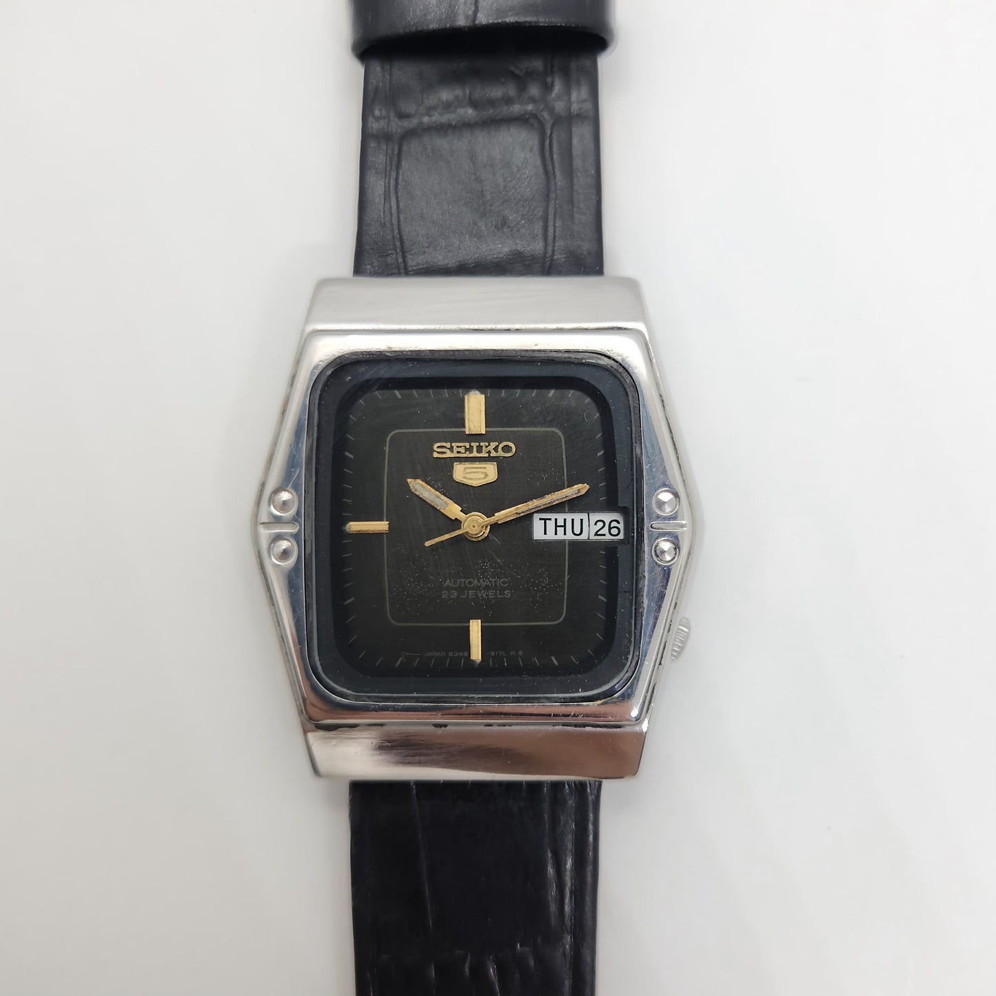 Vintage 1980 Original Seiko 5 Automatic 6349-607B black face 23 Jewels Day-Date Japanese Men's Wrist Watch OG51