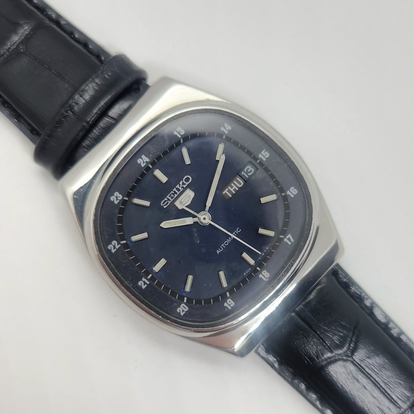 Vintage 1980 Original Seiko 5 Automatic 6309-602A blue face 17 Jewels Day-Date Japanese Men's Wrist Watch OG55