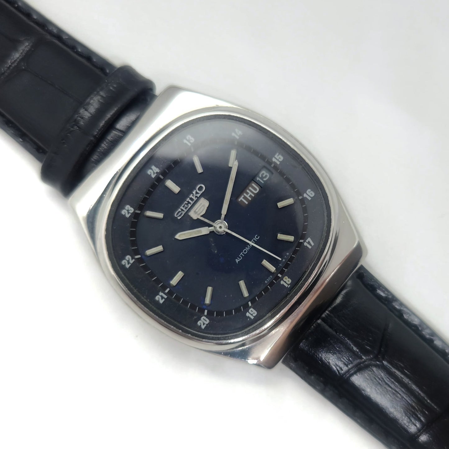 Vintage 1980 Original Seiko 5 Automatic 6309-602A blue face 17 Jewels Day-Date Japanese Men's Wrist Watch OG55