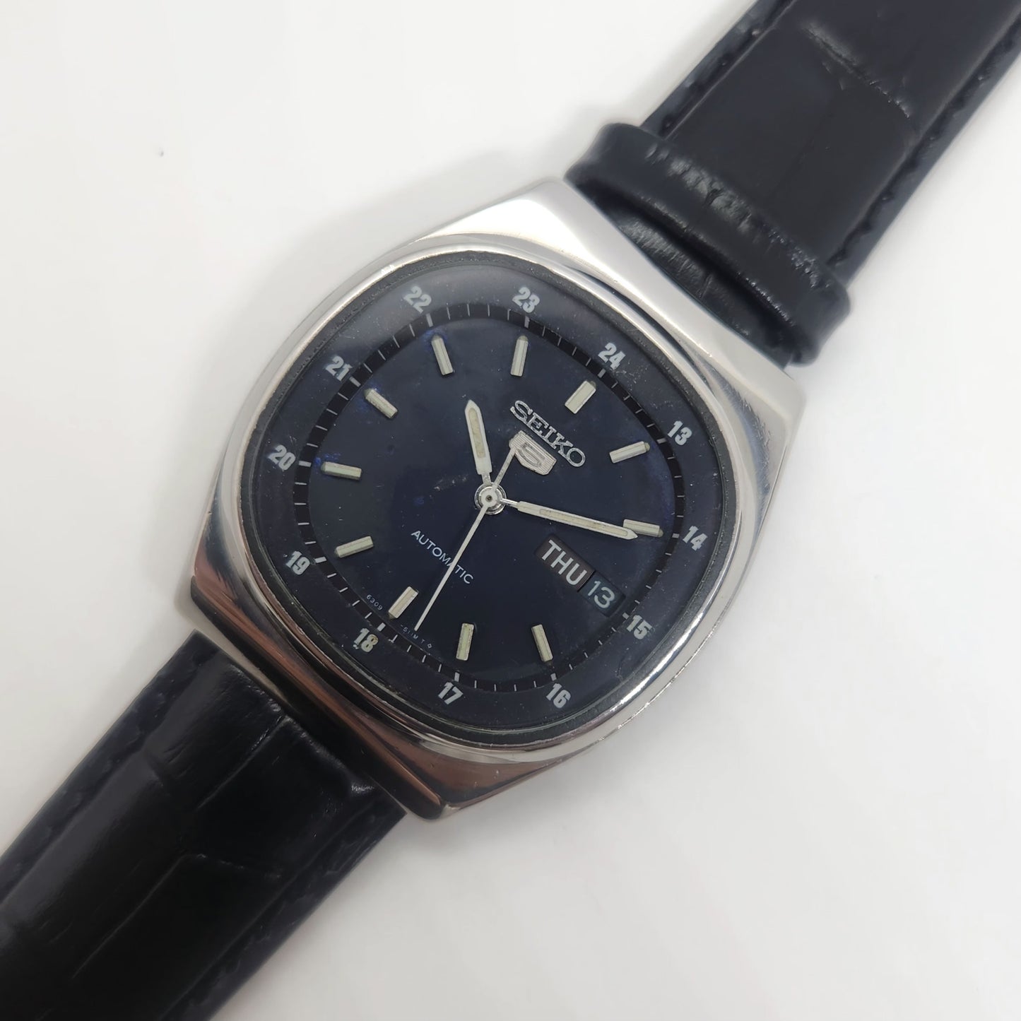 Vintage 1980 Original Seiko 5 Automatic 6309-602A blue face 17 Jewels Day-Date Japanese Men's Wrist Watch OG55