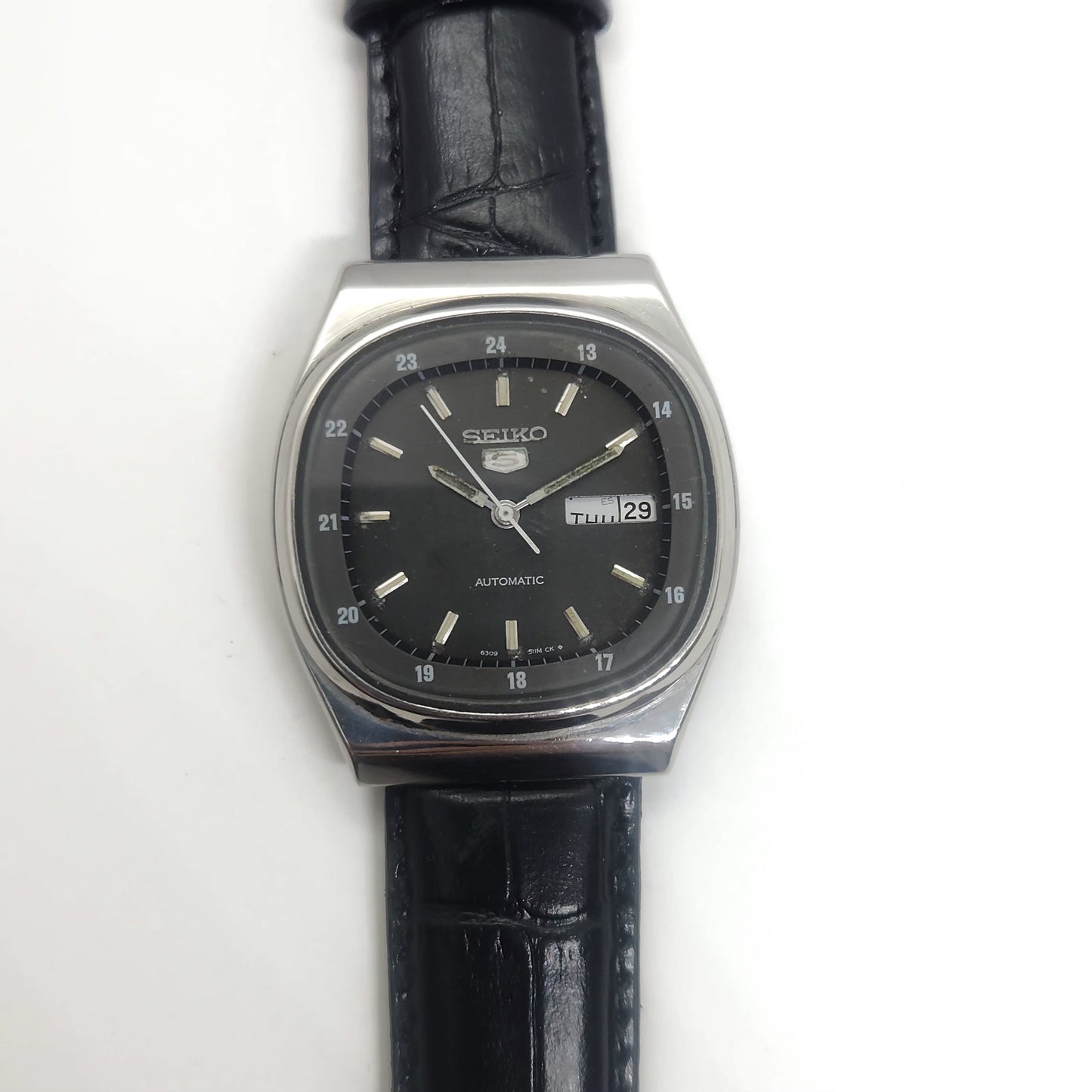 Vintage 1980 Original Seiko 5 Automatic 6309-5100 black face 17 Jewels Day-Date Japanese Men's Wrist Watch OG57