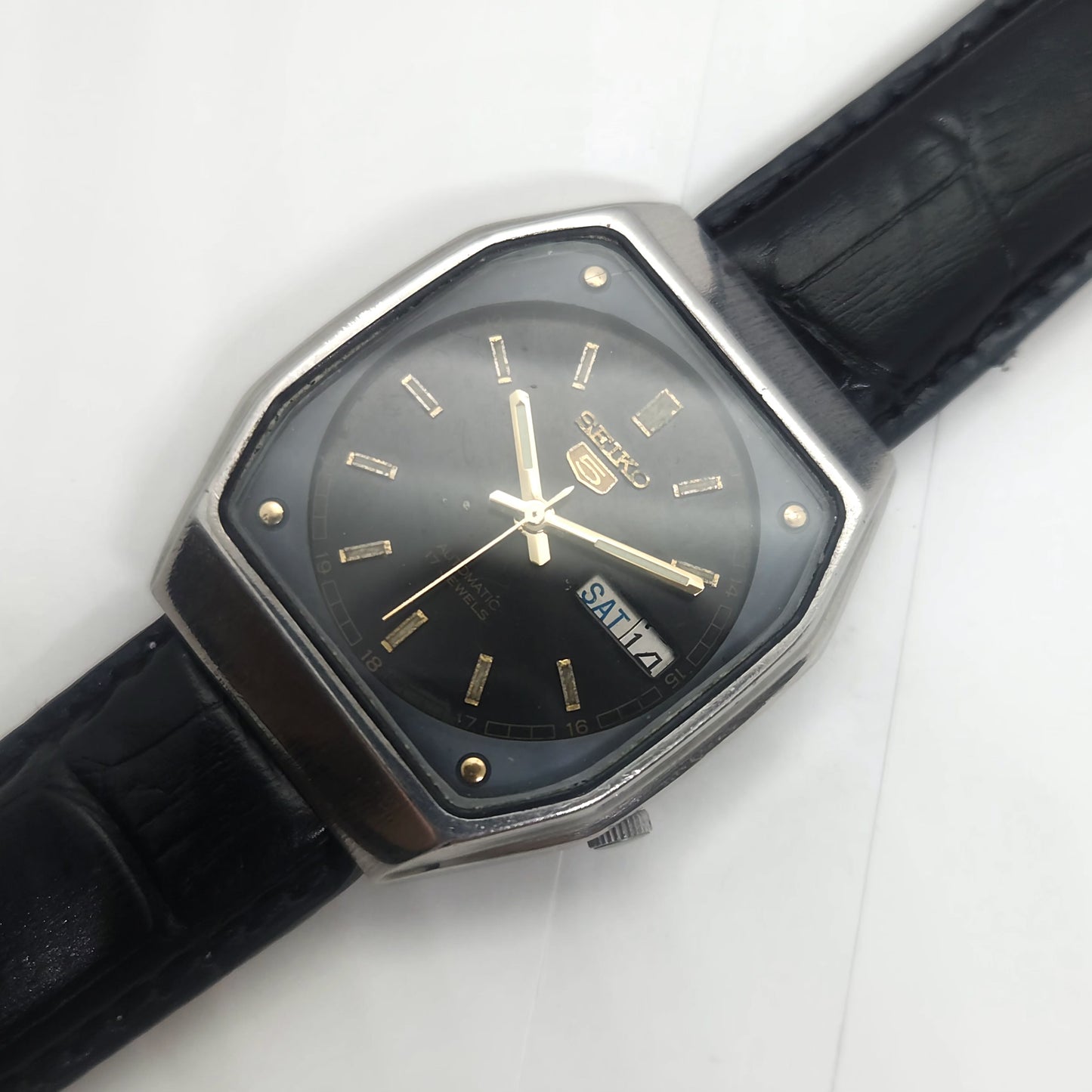Vintage 1980 Original Seiko 5 Automatic 7009-5330 black face 17 Jewels Day-Date Japanese Men's Wrist Watch OG60