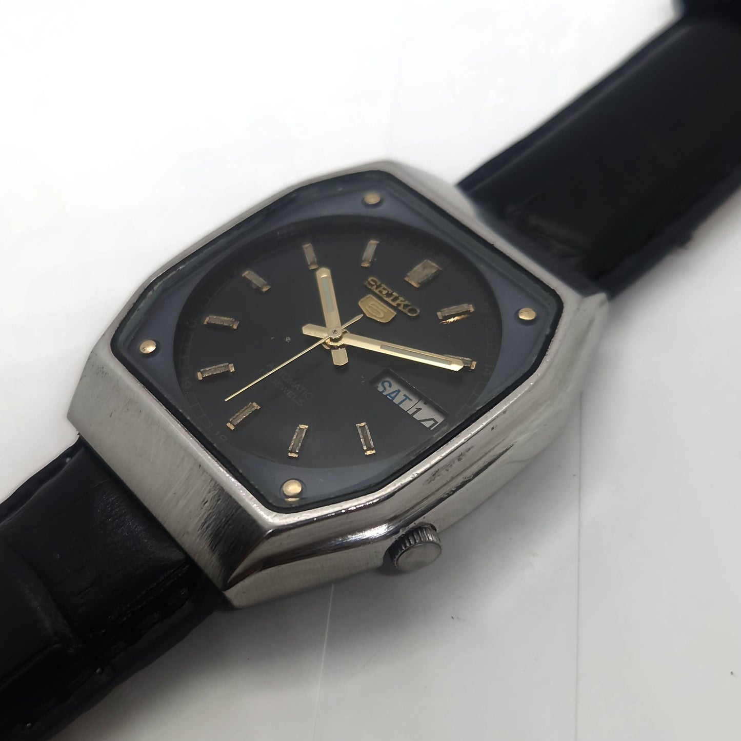 Vintage 1980 Original Seiko 5 Automatic 7009-5330 black face 17 Jewels Day-Date Japanese Men's Wrist Watch OG60