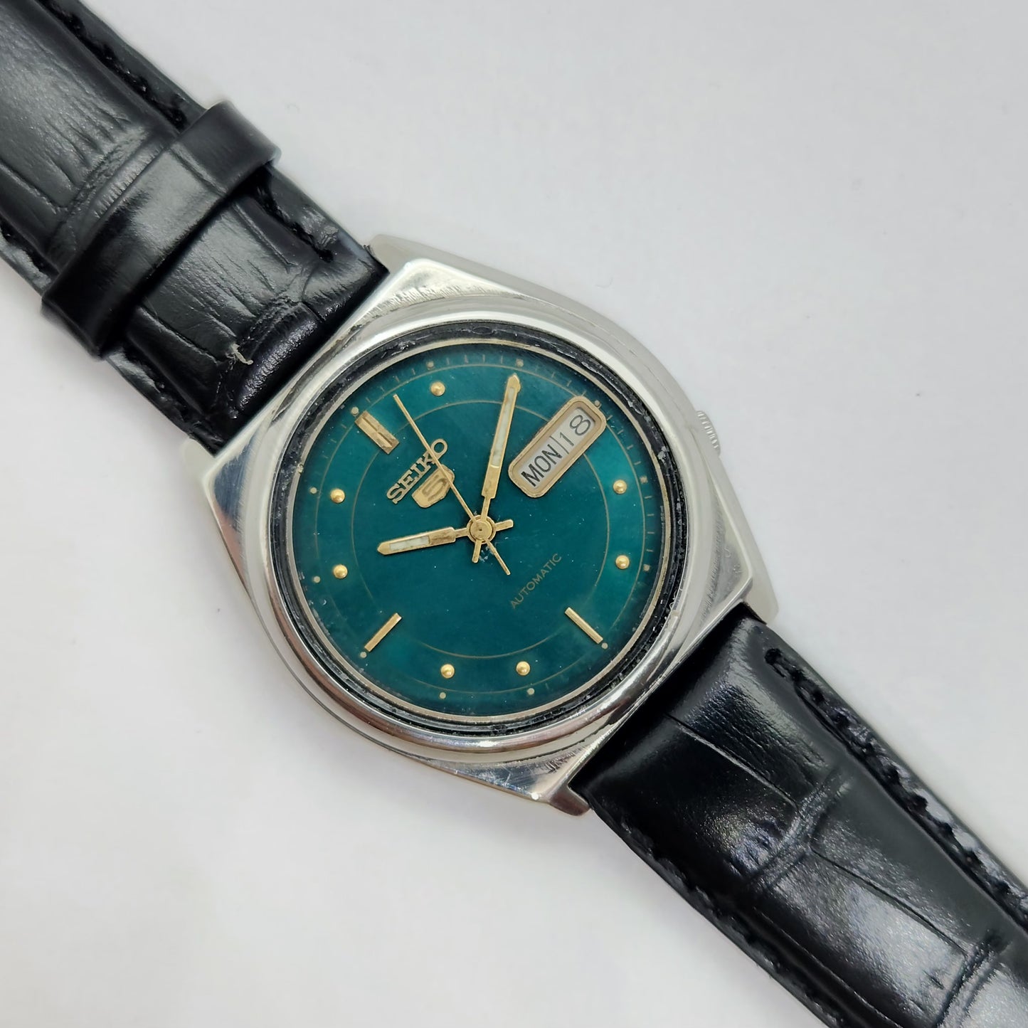 Vintage 1980 Original Seiko 5 Automatic 7009-876A green face 17 Jewels Day-Date Japanese Men's Wrist Watch OG68