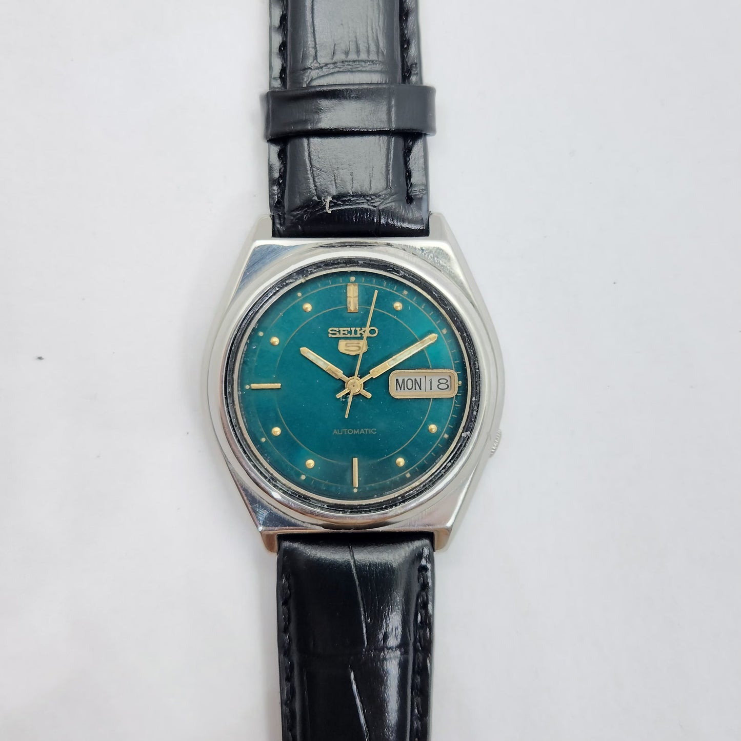 Vintage 1980 Original Seiko 5 Automatic 7009-876A green face 17 Jewels Day-Date Japanese Men's Wrist Watch OG68