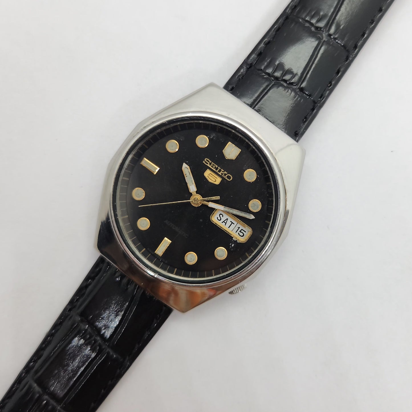 Vintage 1980 Original Seiko 5 Automatic 6309-8500 black face 17 Jewels Day-Date Japanese Men's Wrist Watch OG70