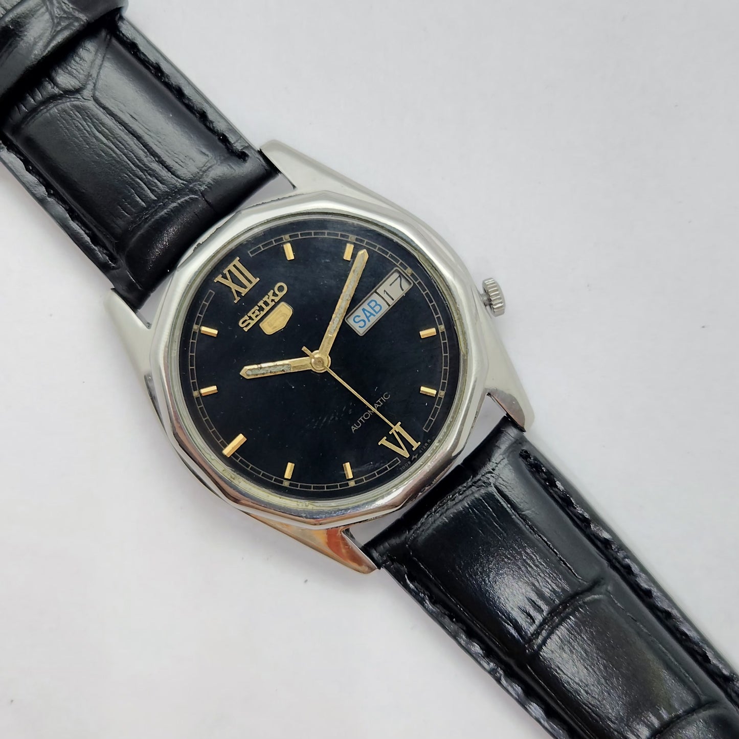 Vintage 1980 Original Seiko 5 Automatic 7009-8180 black face 17 Jewels Day-Date Japanese Men's Wrist Watch OG72