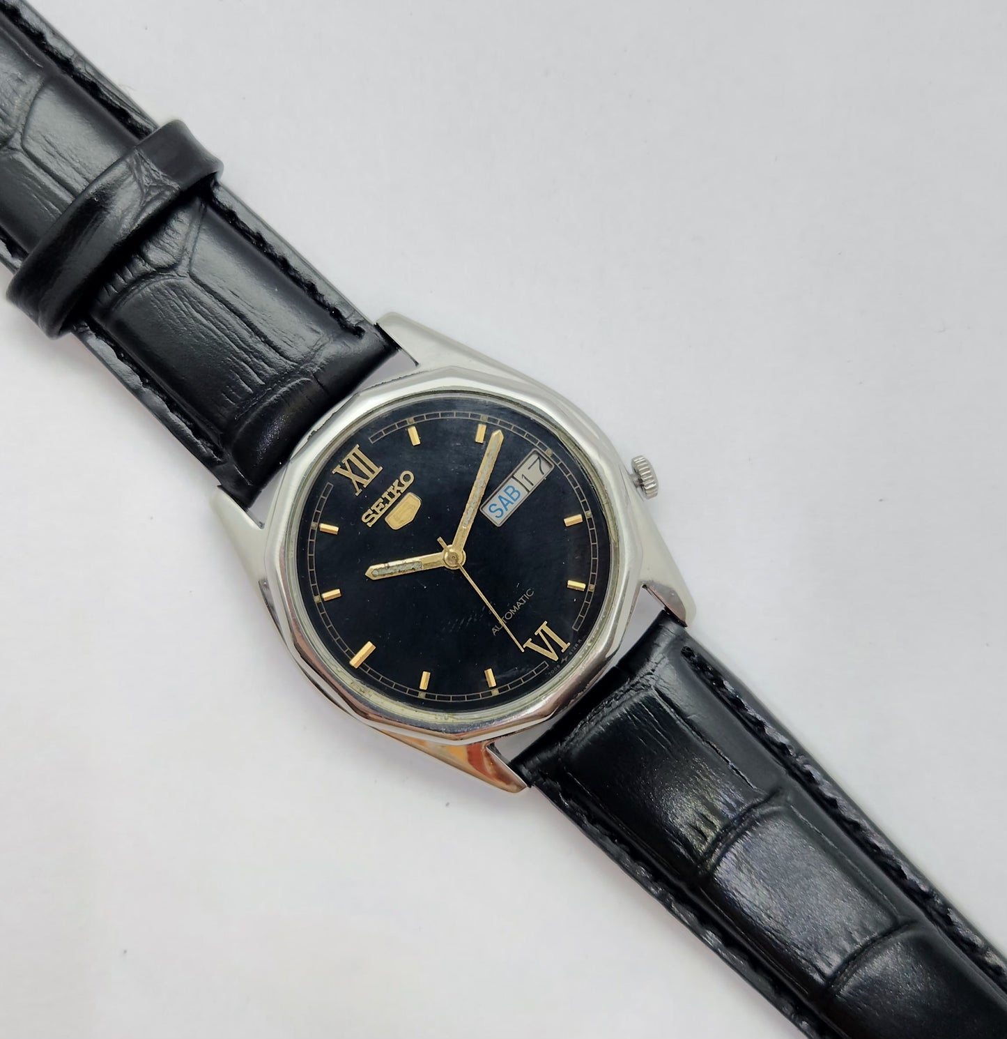 Vintage 1980 Original Seiko 5 Automatic 7009-8180 black face 17 Jewels Day-Date Japanese Men's Wrist Watch OG72