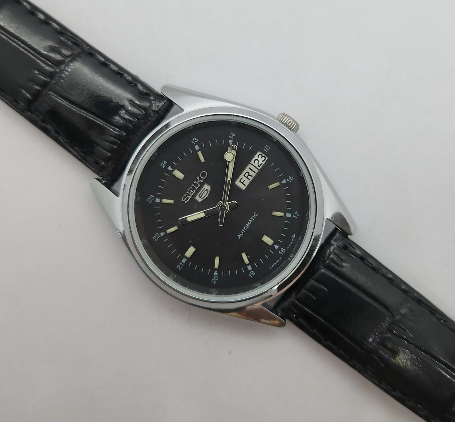 Vintage 1980 Original Seiko 5 Automatic 6309-523A black face 17 Jewels Day-Date Japanese Men's Wrist Watch OG75