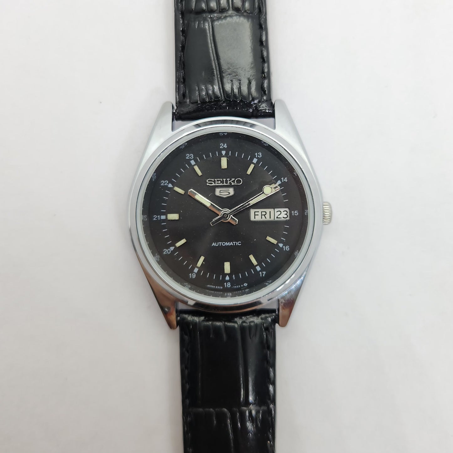 Vintage 1980 Original Seiko 5 Automatic 6309-523A black face 17 Jewels Day-Date Japanese Men's Wrist Watch OG75