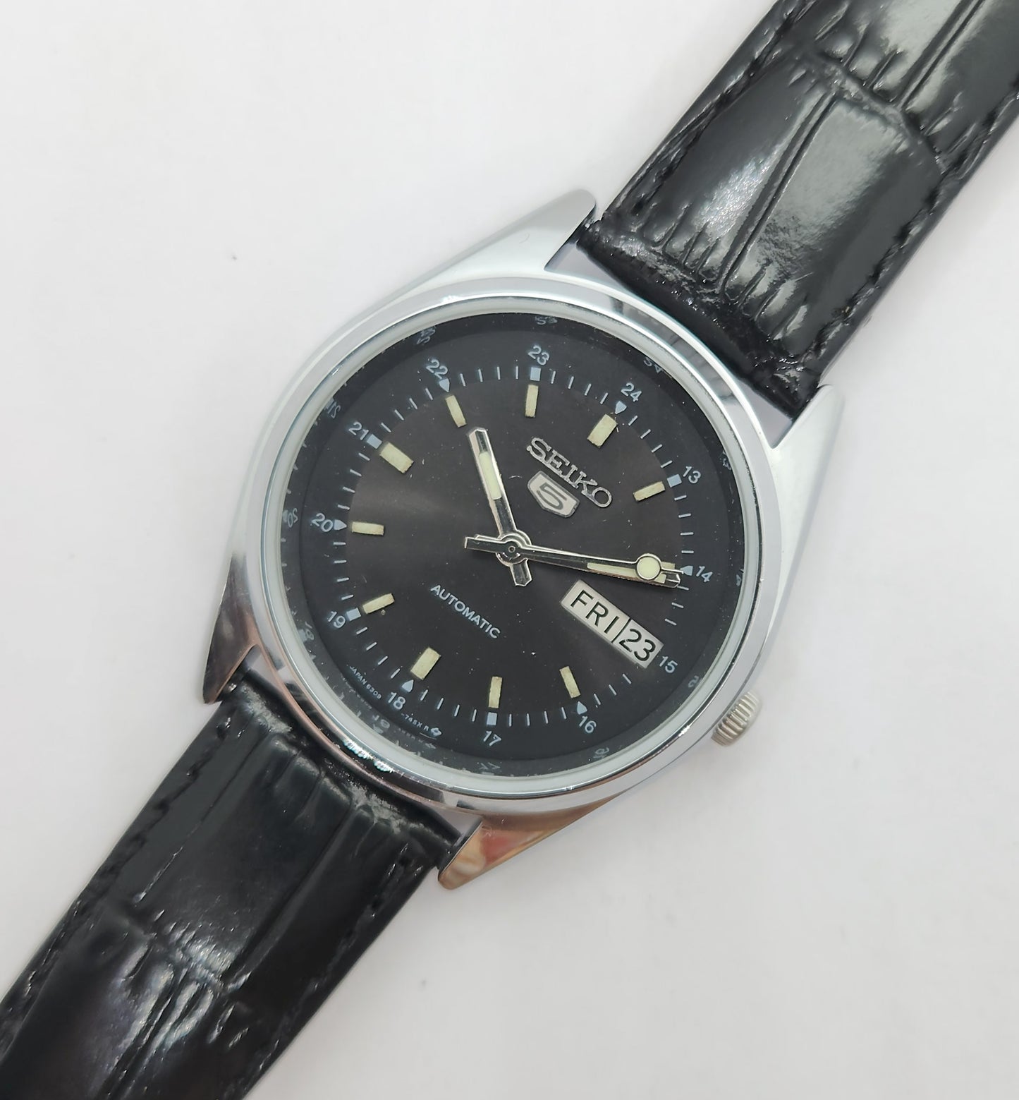 Vintage 1980 Original Seiko 5 Automatic 6309-523A black face 17 Jewels Day-Date Japanese Men's Wrist Watch OG75