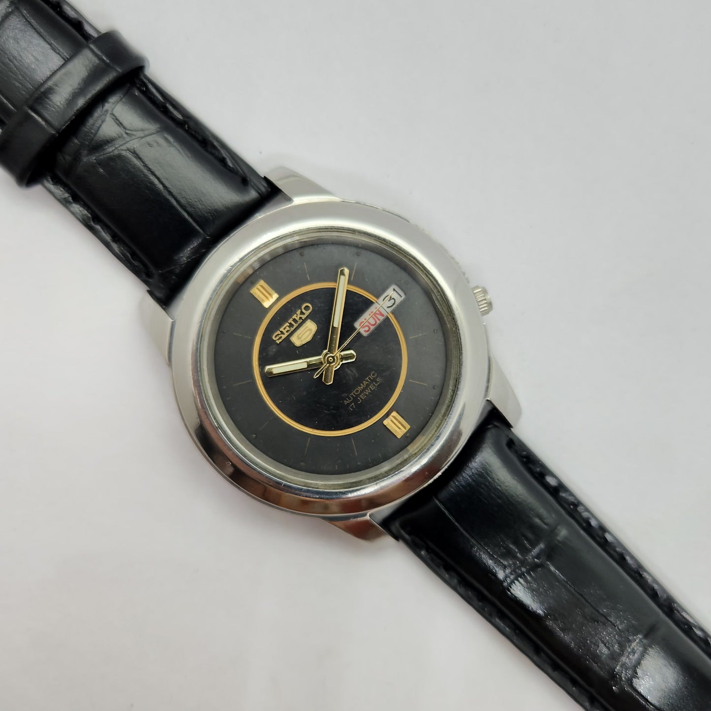 Vintage 1980 Original Seiko 5 Automatic 7009-876A black face 17 Jewels Day-Date Japanese Men's Wrist Watch OG77