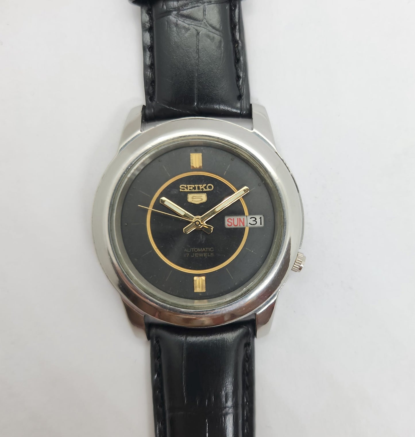 Vintage 1980 Original Seiko 5 Automatic 7009-876A black face 17 Jewels Day-Date Japanese Men's Wrist Watch OG77