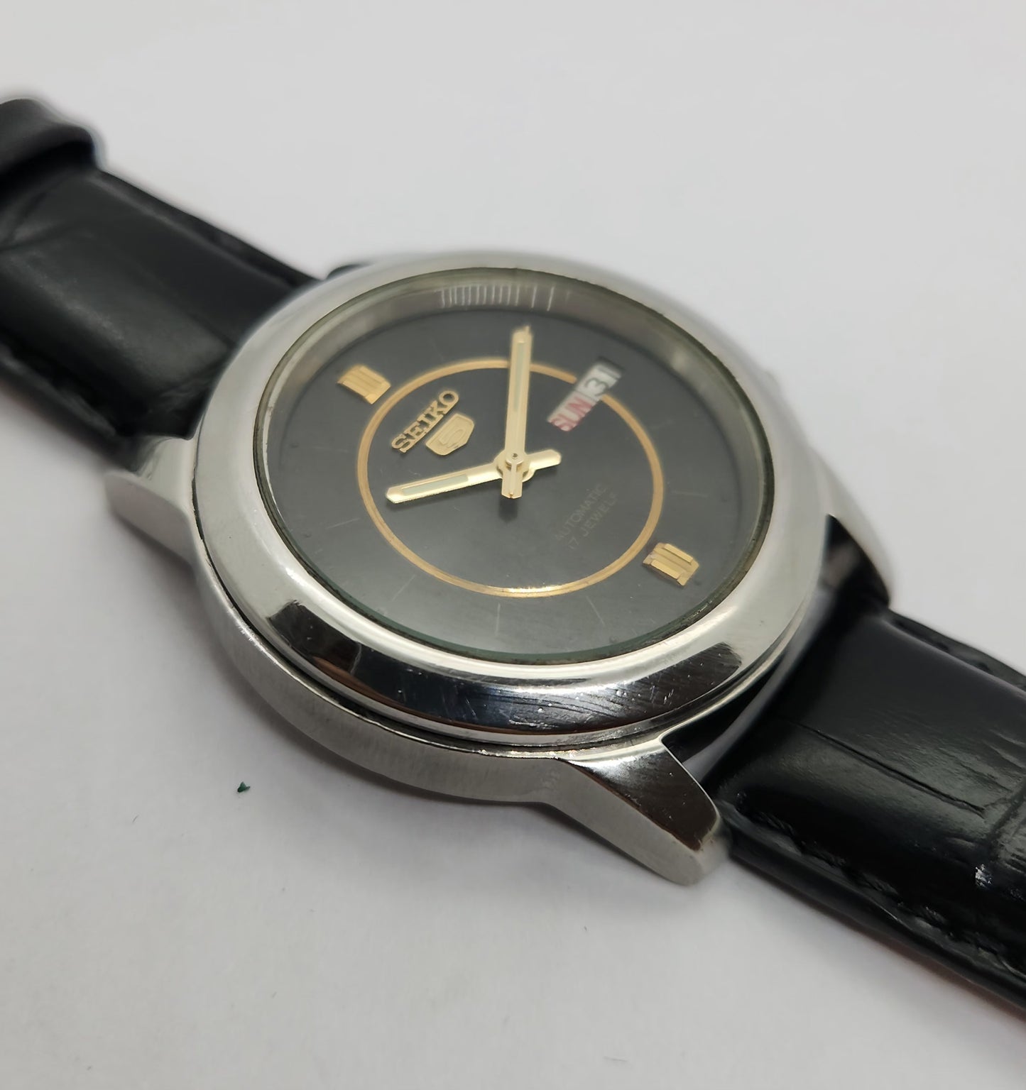 Vintage 1980 Original Seiko 5 Automatic 7009-876A black face 17 Jewels Day-Date Japanese Men's Wrist Watch OG77