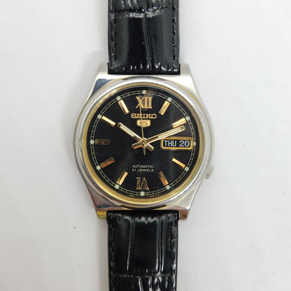 Vintage 1980 Original Seiko 5 Automatic 7s26-03E0 Black face 17 Jewels Day-Date Japanese Men's Wrist Watch OG84