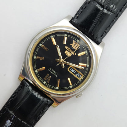 Vintage 1980 Original Seiko 5 Automatic 7s26-03E0 Black face 17 Jewels Day-Date Japanese Men's Wrist Watch OG84