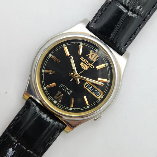 Vintage 1980 Original Seiko 5 Automatic 7s26-03E0 Black face 17 Jewels Day-Date Japanese Men's Wrist Watch OG84