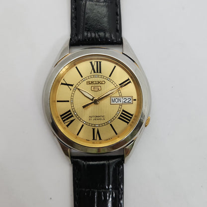 Vintage 1980 Original Seiko 5 Automatic 7s26 Golden face 21 Jewels Day-Date Japanese Men's Wrist Watch OG86