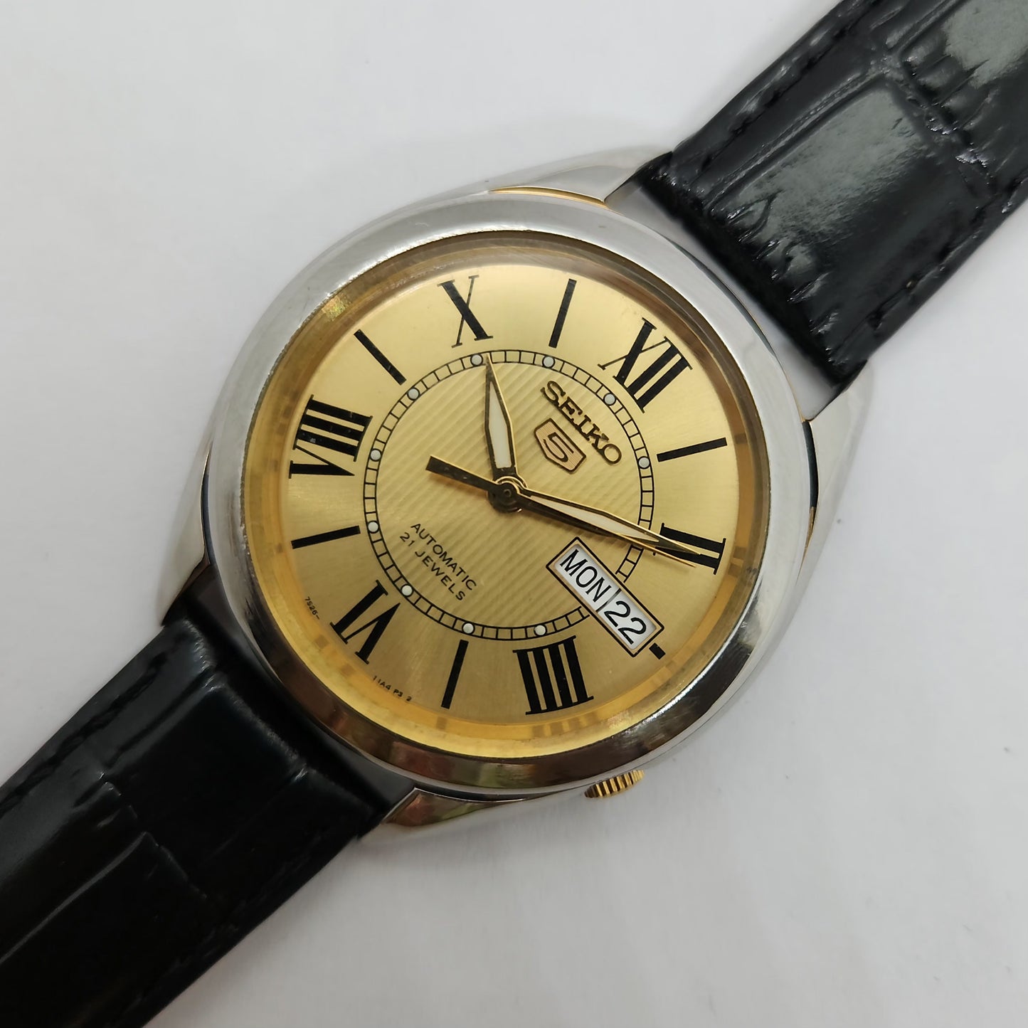 Vintage 1980 Original Seiko 5 Automatic 7s26 Golden face 21 Jewels Day-Date Japanese Men's Wrist Watch OG86