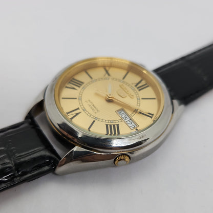 Vintage 1980 Original Seiko 5 Automatic 7s26 Golden face 21 Jewels Day-Date Japanese Men's Wrist Watch OG86