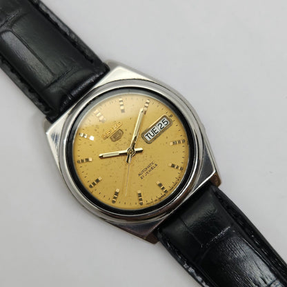 Vintage 1980 Original Seiko 5 Automatic 7s26-8760 Gold face 21 Jewels Day-Date Japanese Men's Wrist Watch OG90