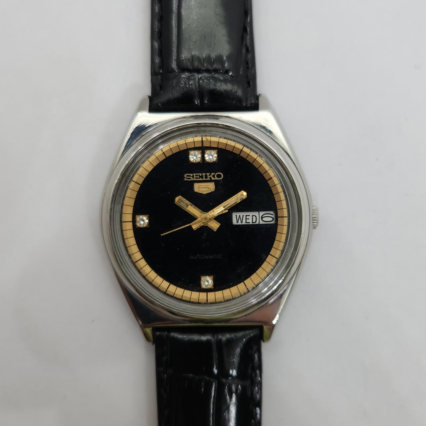 Vintage 1980 Original Seiko 5 Automatic 6349-500A Black face 123 Jewels Day-Date Japanese Men's Wrist Watch OG92