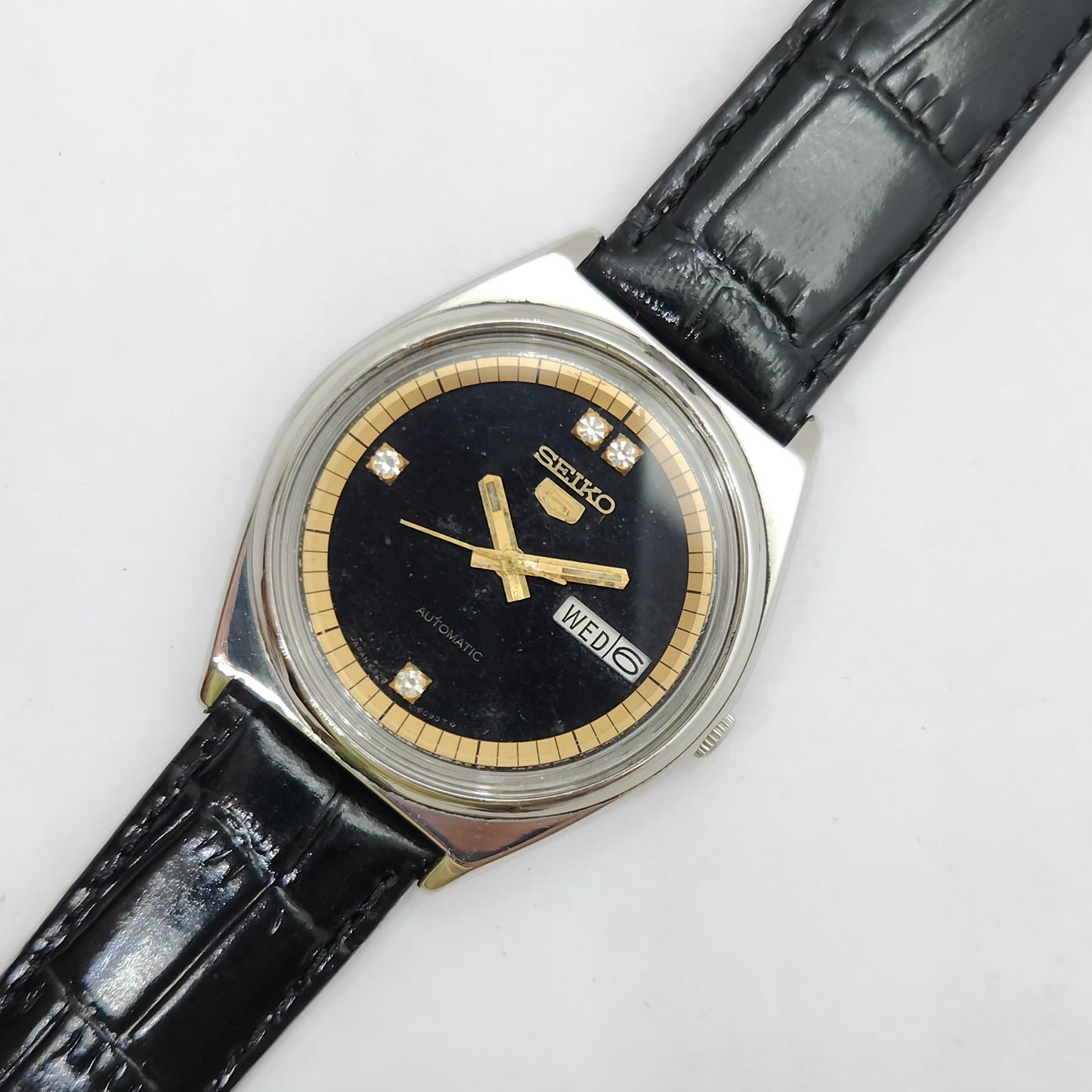 Vintage 1980 Original Seiko 5 Automatic 6349-500A Black face 123 Jewels Day-Date Japanese Men's Wrist Watch OG92