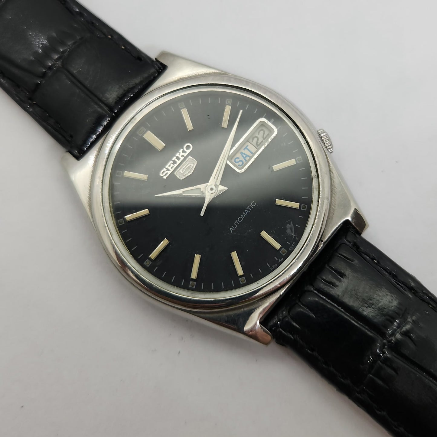 Vintage 1980 Original Seiko 5 Automatic 7019-8180 Black face 21 Jewels Day-Date Japanese Men's Wrist Watch OG96