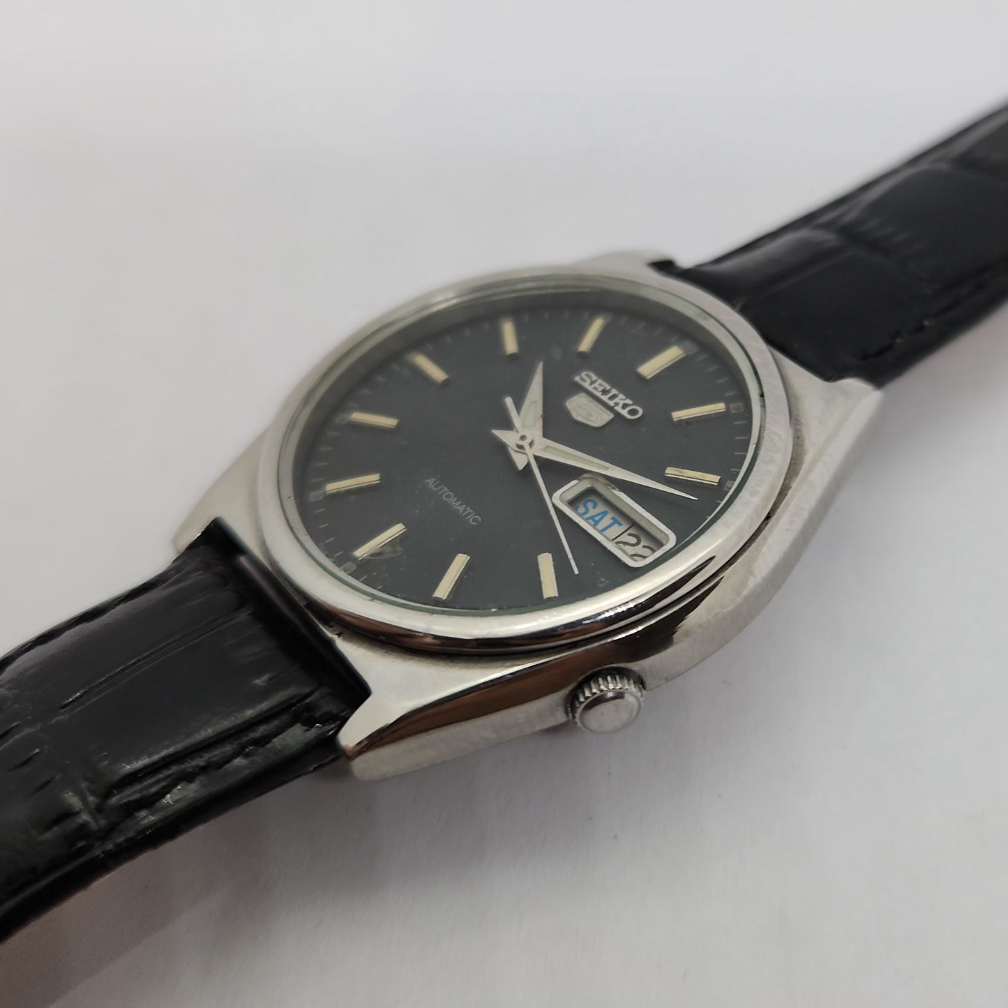 Vintage 1980 Original Seiko 5 Automatic 7019-8180 Black face 21 Jewels Day-Date Japanese Men's Wrist Watch OG96