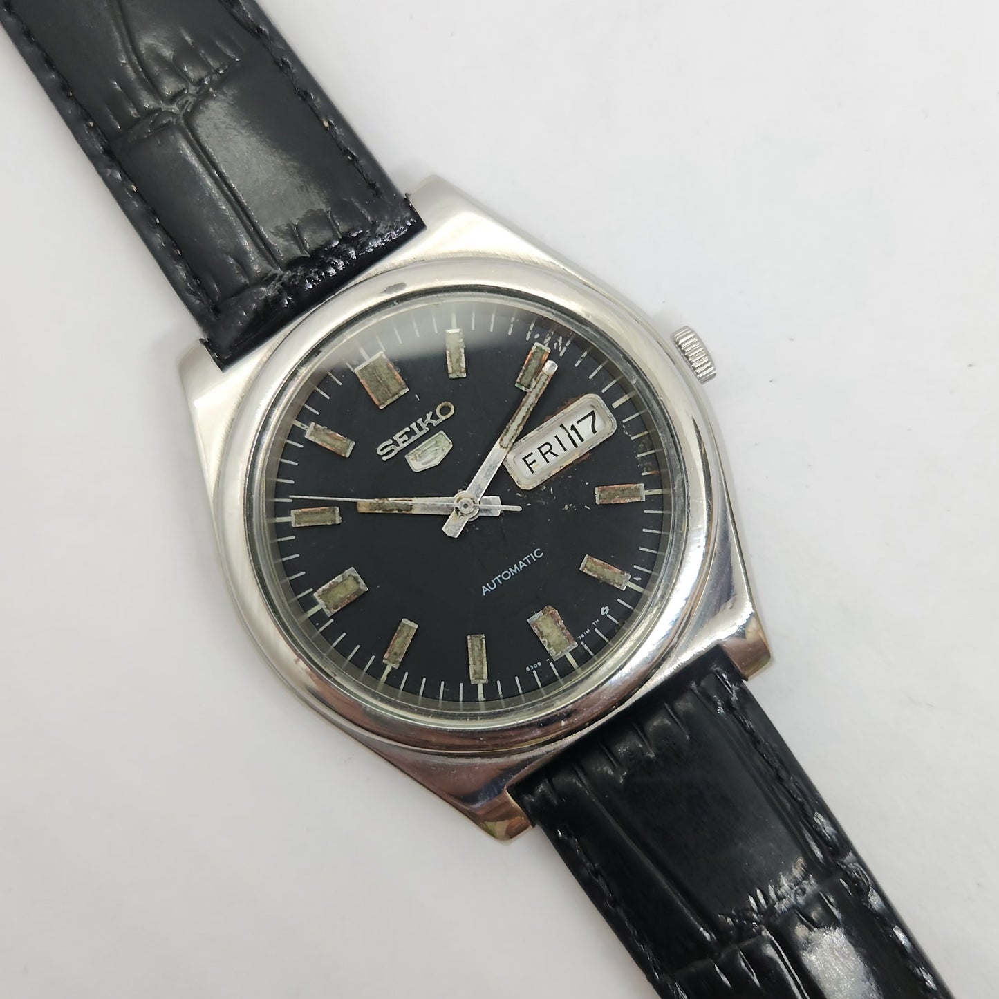 Vintage 1980 Original Seiko 5 Automatic 6309-8980 Black face 17 Jewels Day-Date Japanese Men's Wrist Watch OG101